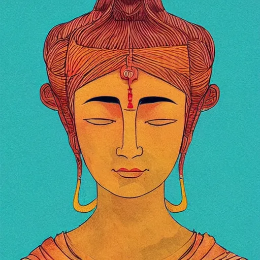 Image similar to contented female bodhisattva, praying meditating, portrait illustration by Conrad Roset