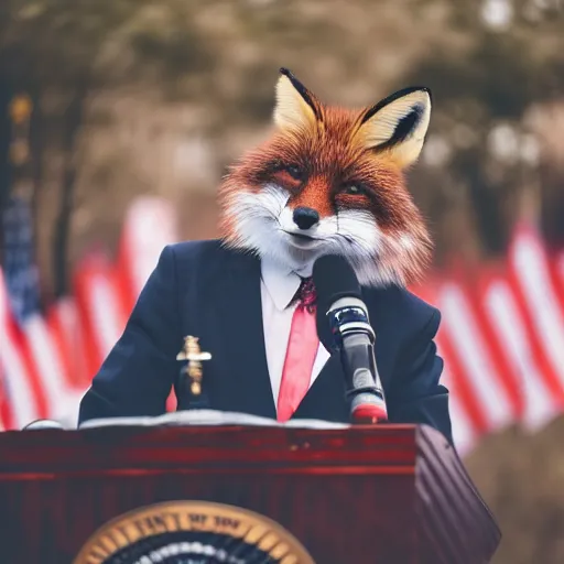 Image similar to a fox animal dressed in a suit giving a presidential speech, 8 5 mm f / 1. 4