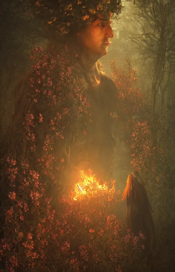 Image similar to portrait of a knight among flowers in dark forest, surrounded by fire and smoke, moody, rim light, dynamic lighting, cinematic shot, gritty, ultra - detail, renderman, physically based render, jean delville, gustave dore and marco mazzoni