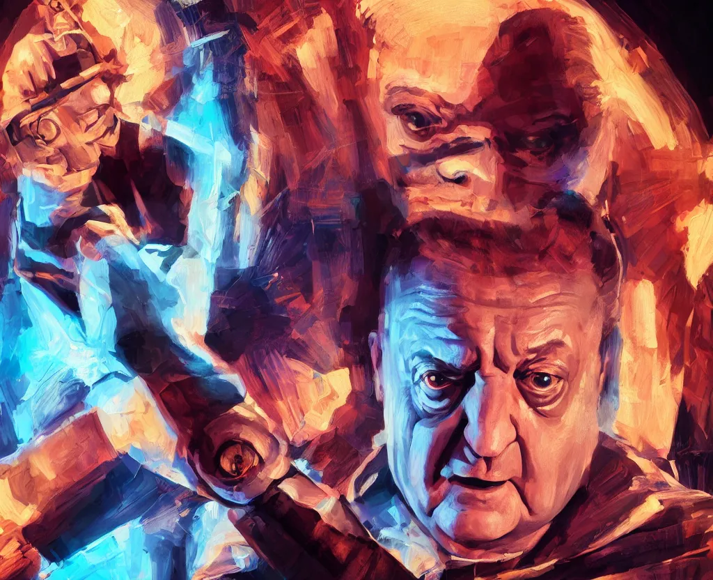 Prompt: dramatic portrait of Rodney Dangerfield from above the law, bloomed lighting, angelic, futuristic, beautiful colors, slightly golden, very sharp likeness, very detailed, chopping hands, electrical details, cinematic lighting high details, 4k, 8k, trending on artstation, ultra-realism