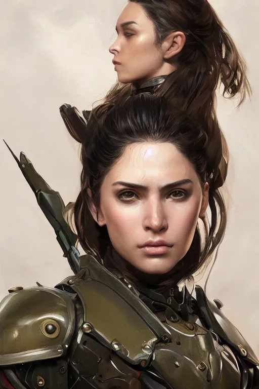 Prompt: a professionally painted portrait of an attractive young woman clothed in military-style battle armor, olive skin, long dark hair, beautiful bone structure, symmetrical facial features, intricate, elegant, hero shot, digital painting, concept art, smooth, sharp focus, illustration, finely detailed, from Metal Gear by Ruan Jia and Mandy Jurgens and Artgerm and William-Adolphe Bouguerea, award winning, trending on Artstation