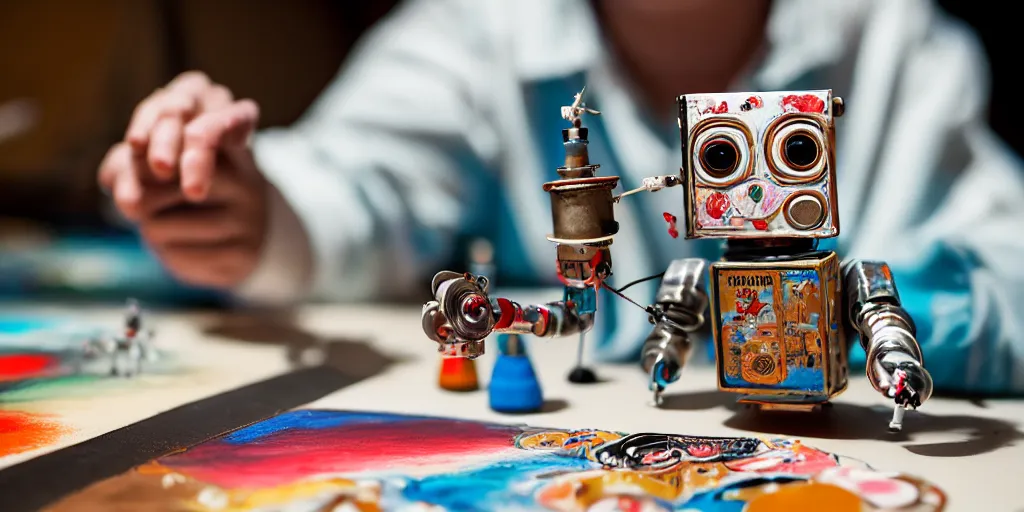 Image similar to closeup portrait of tin toy retro robot painter mixing gouache on white paper table in an artist workshop, depth of field, zeiss lens, detailed, centered, fashion photoshoot, by nicoletta ceccoli, mark ryden, lostfish, breathtaking, 8 k resolution, extremely detailed, beautiful, establishing shot, artistic, hyperrealistic, octane render