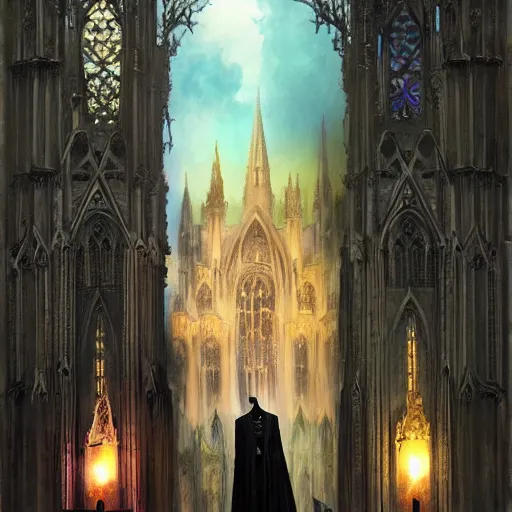 Image similar to Hyperrealistic Count Dracula playing a Gibson electric guitar in front of a gothic cathedral, by Antonio Caparo, Ferdinand Knab, Greg Rutkowski, Amano, and Karol Bak UHD, vivid colors, photorealistic trending on artstation