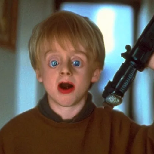 Prompt: A still of Kevin McCallister from Home Alone (1990) with a lightsaber