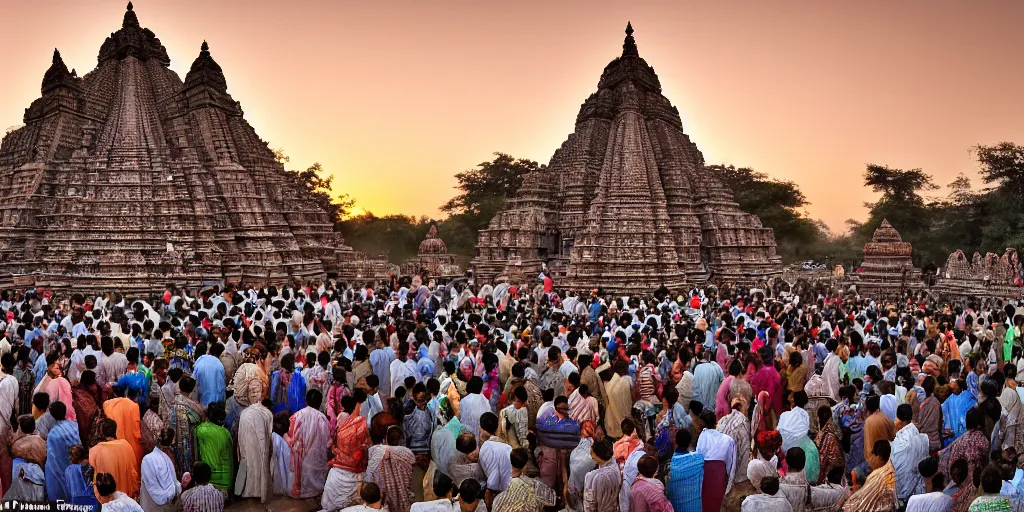 Image similar to an award winning wide angle photo of a giant and intricately carved stone Ghanesha temple, at sunset, punja ritual, crowds of humble worshipers present offerings, beautiful, inspiring