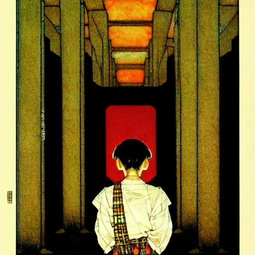 Prompt: Chihiro in a dark temple by Norman Rockwell
