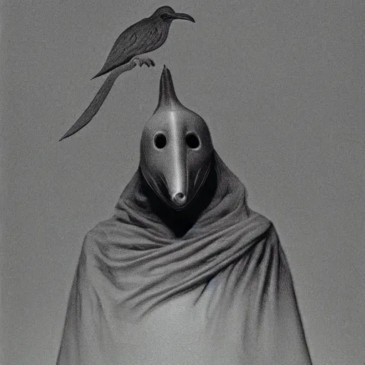 Image similar to plague doctor bird in his larval form. extremely lush lifelike detail. award - winning digital art by beksinski, ansel adams, alan lowmax. surreal scientific photoillustration.