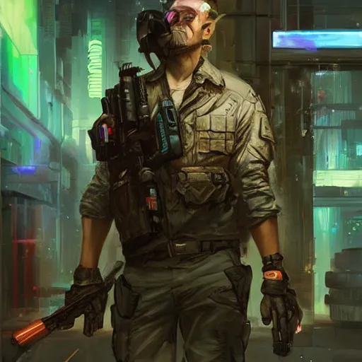 Image similar to portrait of soldier armed with a bubble gun. shadowrun cyberpunk fantasy detailed painting by craig mullins. cute bubbles and big smile