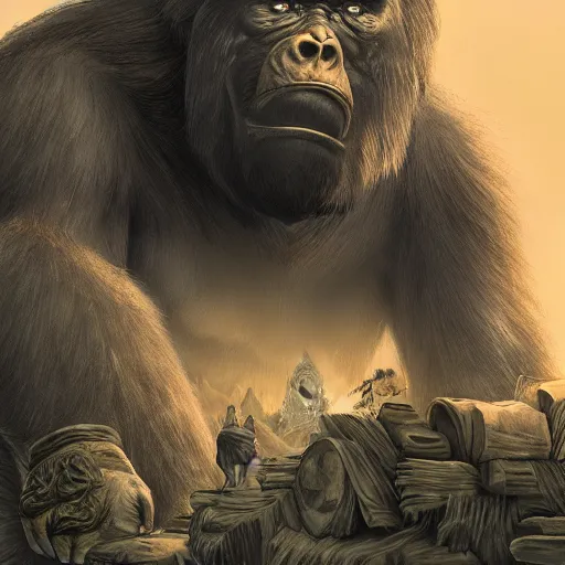 Image similar to King Kong in cinematic scene, fantasy art, in the style of Arthur Addams, illustration, epic, fantasy, intricate, hyper detailed, artstation, concept art, smooth, sharp focus, ray tracing