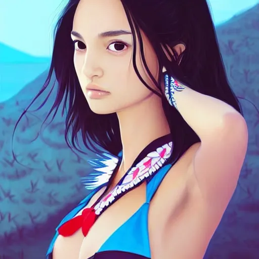 Image similar to a beautiful young japanese natalie portman alluring gravure model, stylized concept art, wearing elegant designer bomber jacket and one piece bikini, bomber jacket with mesoamerican patterns, mesoamerican native street fashion, princess mononoke, painted by ilya kuvshinov aesthetic, gorgeous, stunning, alluring, attractive, artstation, pinterest, digital art