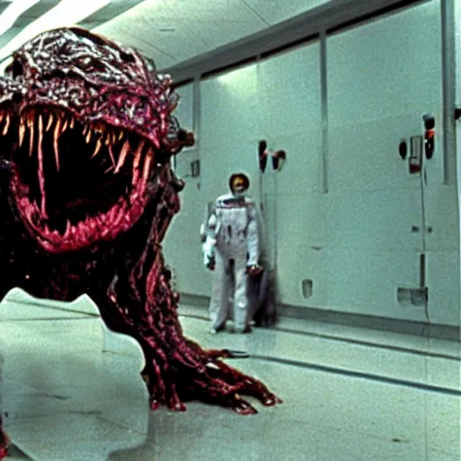 Image similar to 1 9 8 0 s sci - fi movie, vintage still frame, skinned monster demon in hi - tech corridor, photorealistic, art by ridley scott