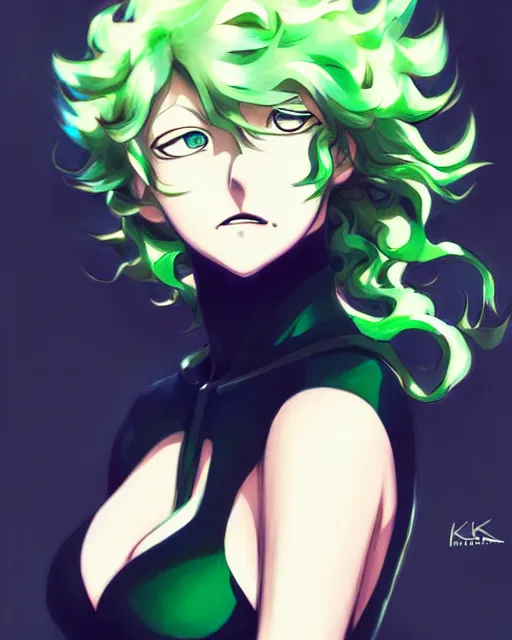 Image similar to tatsumaki from one punch man, green wavy hair, black dress, fine details, sharp focus, intricate, realistic shaded perfect face, by cushart krenz makoto shinkai artgerm ilya kuvshinov rossdraws