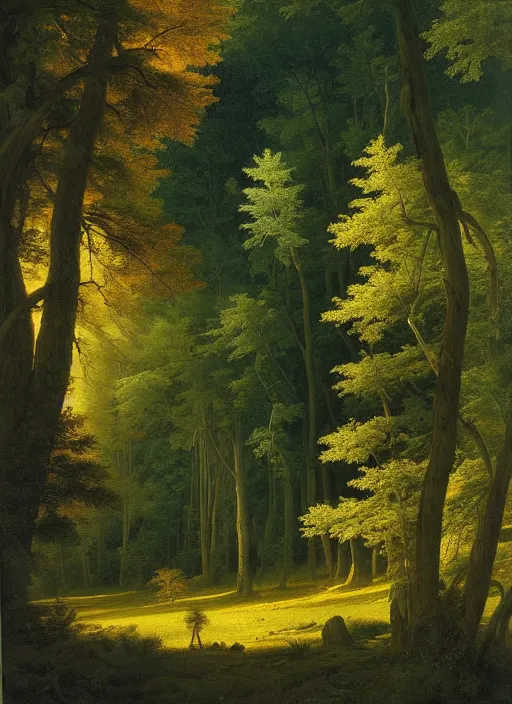 Prompt: a meadow clearing with extremely thin tall trees, light of god, spirit of the forest dwells, magically dense, calm serene atmosphere, by asher brown durand, by yoshitaka amano