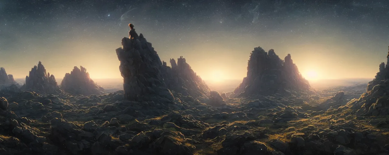 Prompt: top of the holy mountain with the sky full of stars, [ cinematic, detailed, epic, widescreen, opening, establishing, mattepainting, photorealistic, 4 k, octane render, art by greg rutkowski ]