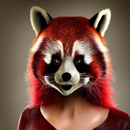 Image similar to woman dress as redpanda, cinematic lighting, various refining methods, micro macro autofocus, ultra definition, award winning photo