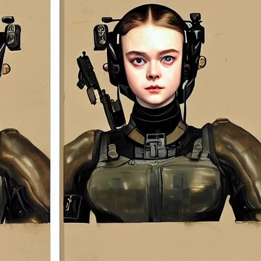 Image similar to a vintage portrait painting of elle fanning wearing swat gear in metal gear solid and death stranding, highly detailed, art by tristan eaton and artgerm and william - adolphe bouguereau