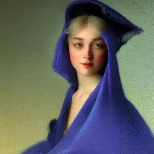 Image similar to a young woman's face, her hair is white and she wears an indigo purple satin cloak, by ivan aivazovsky and syd mead and moebius and gaston bussiere and roger dean and pieter claesz and paul delaroche and alma tadema and aelbert cuyp and willem claesz, hyperrealistic, volumetric light, octane render