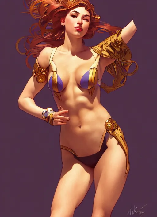 Prompt: leona from league of legends with arms raised, minimal clothing, pinup pose, hyper detailed, digital illustration, illustration,, trending in artstation, cinematic lighting, studio quality, sharp focus, intricate, elegant, art style by alphonse mucha and klimt and nixeu and ian sprigger and wlop and krenz cushart