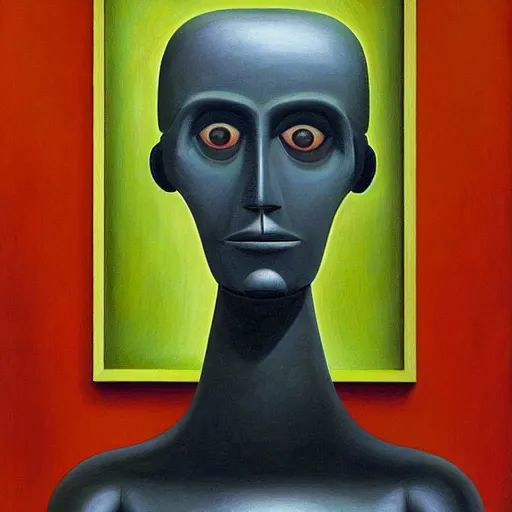 Image similar to super - intelligent robot with kind eyes portrait, grant wood, pj crook, edward hopper, oil on canvas