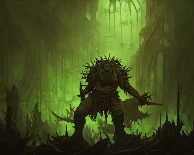 Image similar to wide shot of a cultist of nurgle, green and brown colours, bottom up green lighting, rotting, deep focus, d & d, fantasy, intricate, grim, highly detailed, digital painting, artstation, concept art, matte, sharp focus, illustration, hearthstone, art by artgerm and greg rutkowski and alphonse mucha