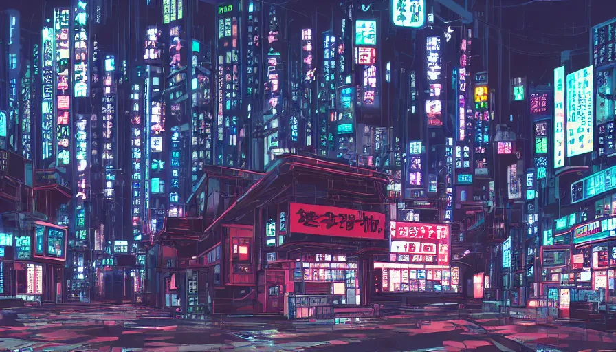 Prompt: Wide Angle ingame Screen Shot of neo-Tokyo Bank, in the Style of Akira, Anime, Dystopian, Cyberpunk