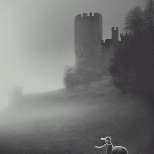 Image similar to a dark vallcy with a huge gloomy castle, fog. a little boy and a black cat