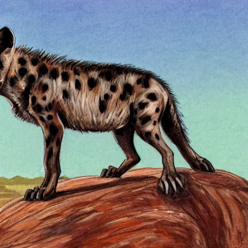 Prompt: concept art of an hyena standing on a rock looking out the horizon of the savana, realism, drawing