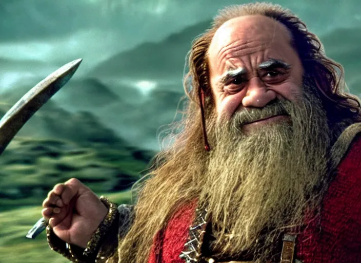 Prompt: film still of danny devito as gimli in lord of the rings movie, 8 k