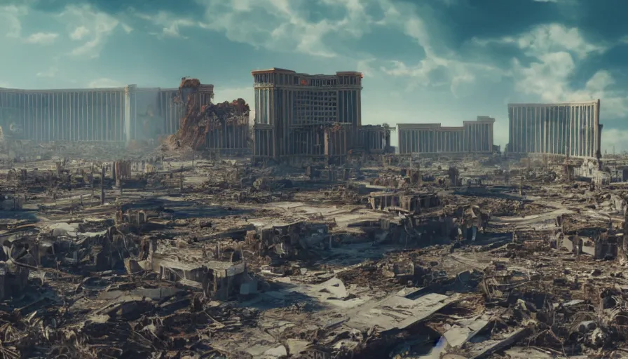 Image similar to Cinematic view of Las Vegas ruins after a nuclear explosion, hyperdetailed, artstation, cgsociety, 8k