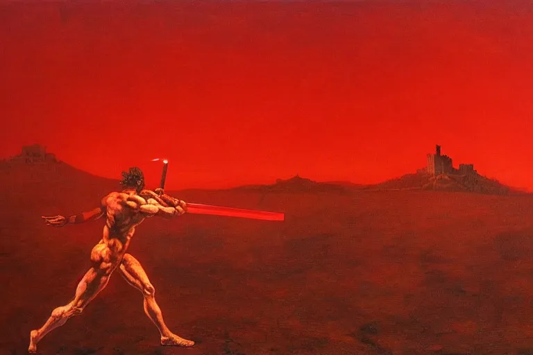 Image similar to only with red, a red melted apollo with a laurel wreath and a flaming sword announce the win, athens in the background, pathos, in the style of beksinski, part by hopper, part by rodcenko, part by hofbauer, intricate composition, red by caravaggio, insanely quality, highly detailed, masterpiece, red light, artstation, 4 k