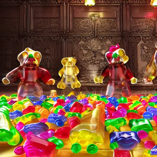 Prompt: gummi bears free candy prisoners from the candy store, ornate, highly detailed, UE5, 3D render, movie still