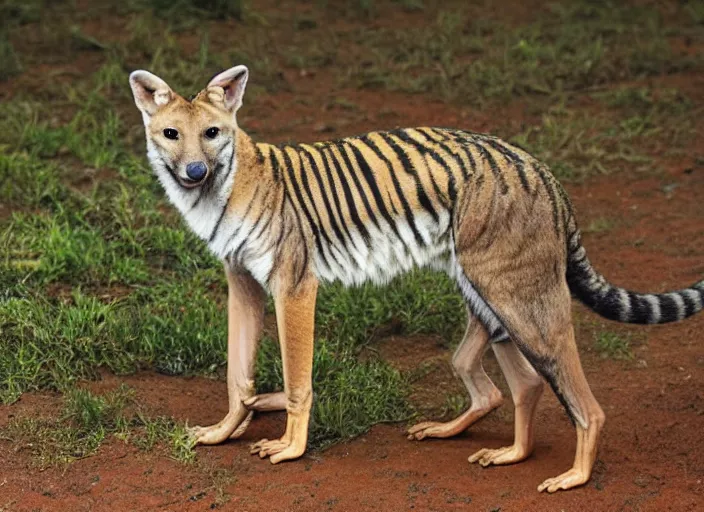 Image similar to photo of a thylacine, distinct animal, thylacine, thylacine, ‘Tasmanian (((tiger)))’, thylacine, detailed fur, long thin tail, long snout, small eyes, marsupial, drinking water from a lake, Australia, HD, National Geographic,