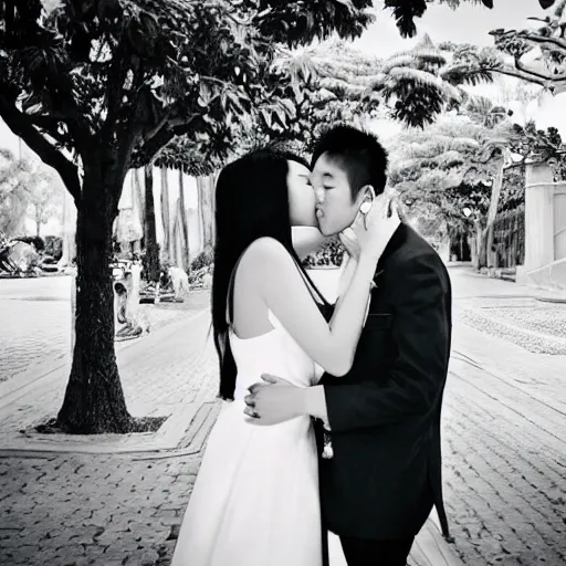 Prompt: “wedding photo, a couple kissing, in love, asian and western fusion, high definition, high quality”