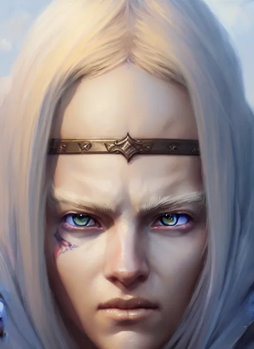 Image similar to a fantasy style portrait painting of shy white female paladin with blonde hair and blue eyes shy, scar under left eye, holy oil painting unreal 5 daz. rpg portrait extremely detailed artgerm greg rutkowski _ greg