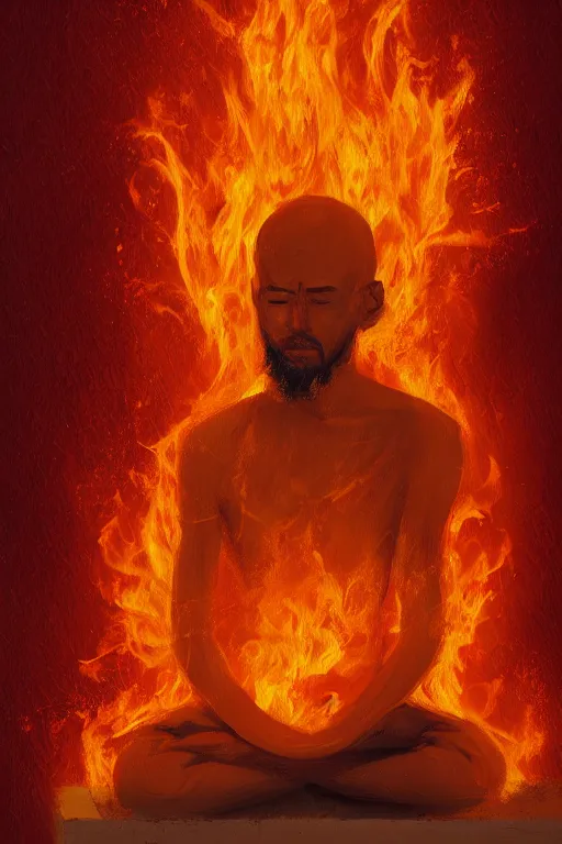 Prompt: A portrait of a single monk meditating in flames by Afshar Petros, Trending on artstation.