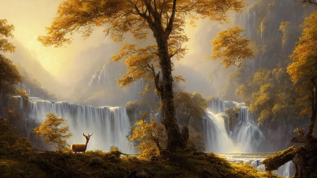 Image similar to the most beautiful panoramic landscape, oil painting, where a giant dreamy waterfall creates a river, the trees around are starting to bloom in yellow colors, a majestic deer is in close - up and it is exhaling steam, the ray lights of the sunrise are brightening him, by greg rutkowski