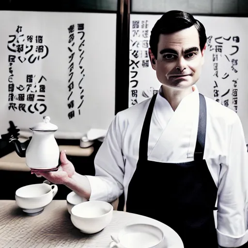 Image similar to close - up of ben shapiro angrily serving you tea at a japanese maid cafe, frilly outfit, depth of field, 3 5 mm, 8 k, photograph by annie leibovitz