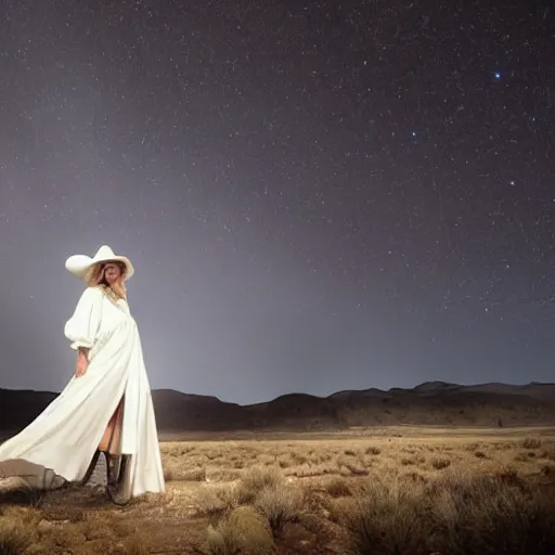 Prompt: photo, a woman in a giant flowing incredibly long dragging white dress made out of white smoke, standing inside a dark night western rocky scenic landscape, a vintage cowboy movie projected, volumetric lighting