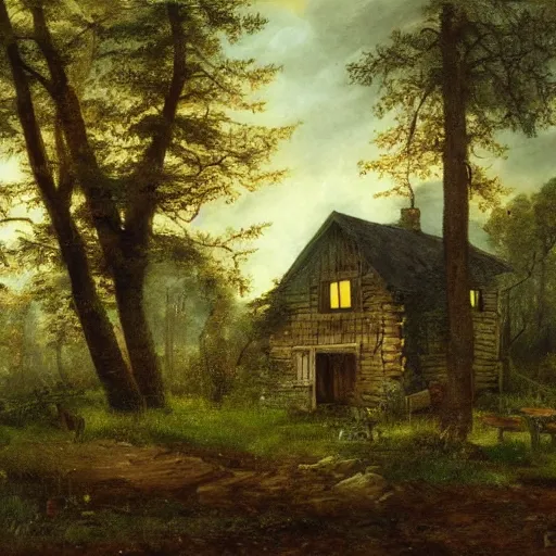 Image similar to a painting of a eerie cabin in the middle of the woods in the style of andreas achenback