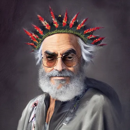 Prompt: stoner King Tommy Chong wears a doublet whilst wearing a red velvet cape and OG Kush Sativa flower calyx trichome crown edward julius detmold jehan choo jeff simpson arkhip kuindzhi raphael lacoste guillem h. pongiluppi grisaille