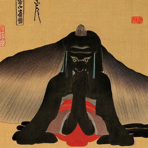 Prompt: a japanese painting of a monstruous sphinx like yokai
