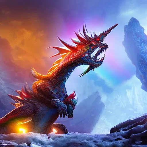 Prompt: rainbow dragon in ice city, realistic artstyle, wide shot, dramatic lighting, octane render, hyperrealistic, high quality, highly detailed, HD, beautiful, cinematic, 8k, unreal engine, facial accuracy, symmetrical, artistic