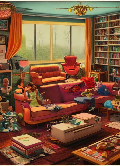 Image similar to highly detailed wide - angle portrait of a retro 1 9 6 0 s living room, nicoletta ceccoli, mark ryden, lostfish, earl nore, hyung tae, frank frazetta, global illumination, god rays, detailed and intricate environment