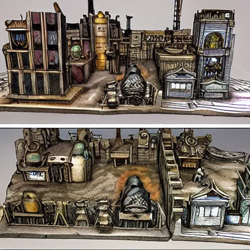 Prompt: steampunk fantasy city built into the side of a mountain, in three levels. the ground level is an industrial area with smokestacks and factories. the upper levels are residential. d & d art style