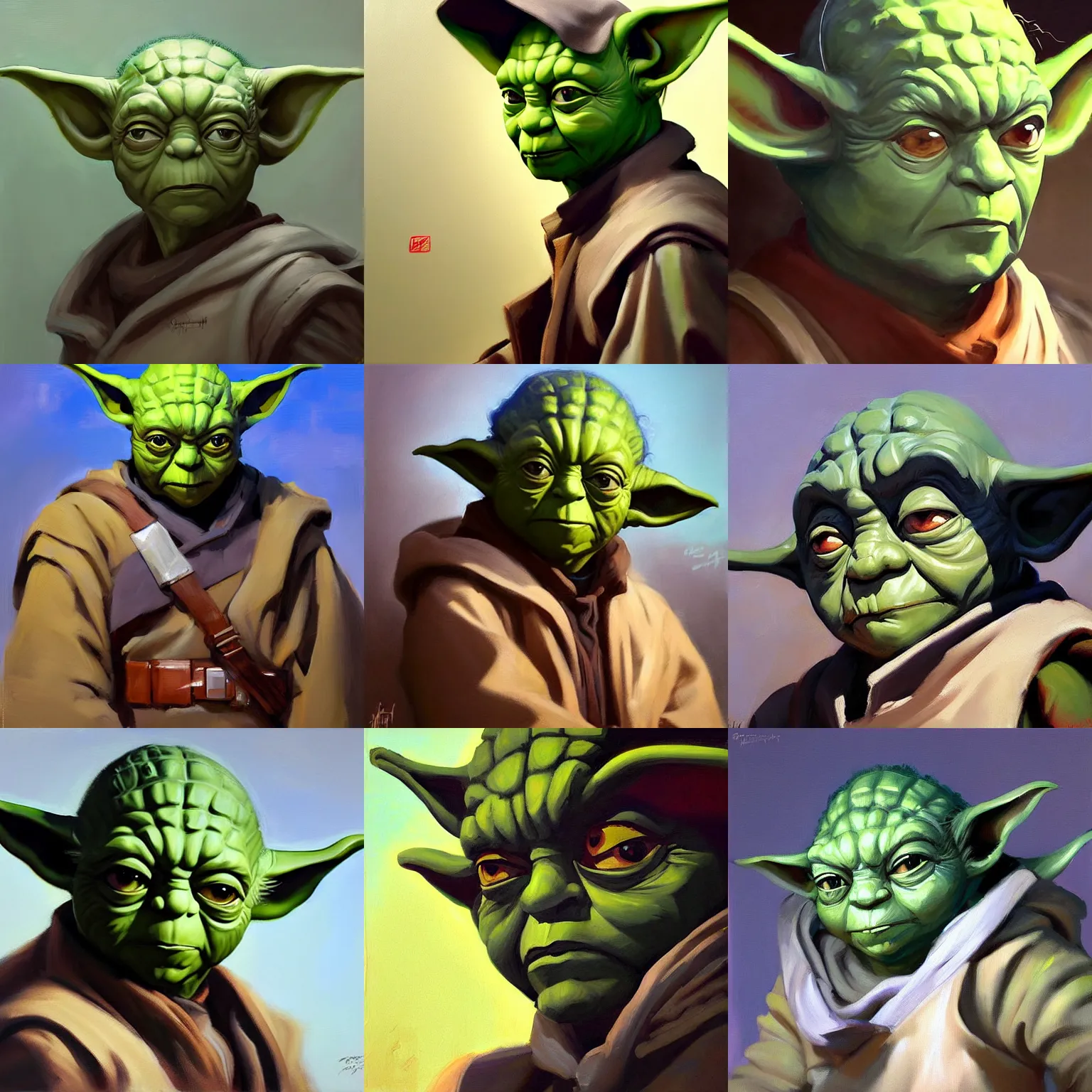 Prompt: greg manchess portrait painting of yoda from mandalorian as overwatch character, medium shot, asymmetrical, profile picture, organic painting, sunny day, matte painting, bold shapes, hard edges, street art, trending on artstation, by huang guangjian and gil elvgren and sachin teng