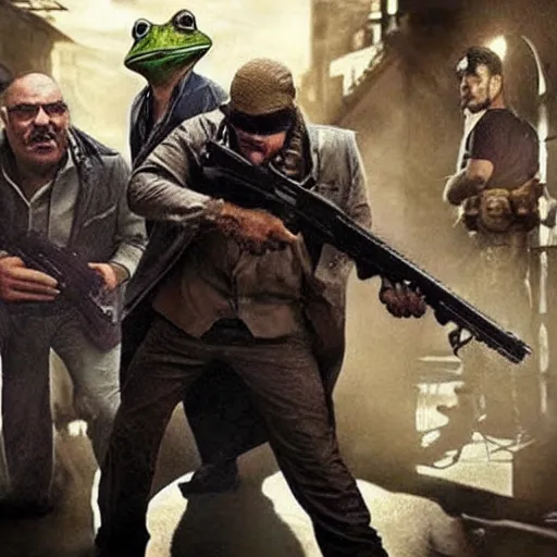 Prompt: a badass photo of frog mafia boss holding gun in marvel movie. nuri iyem, james gurney, james jean, greg rutkowski, anato finnstark. perfect faces