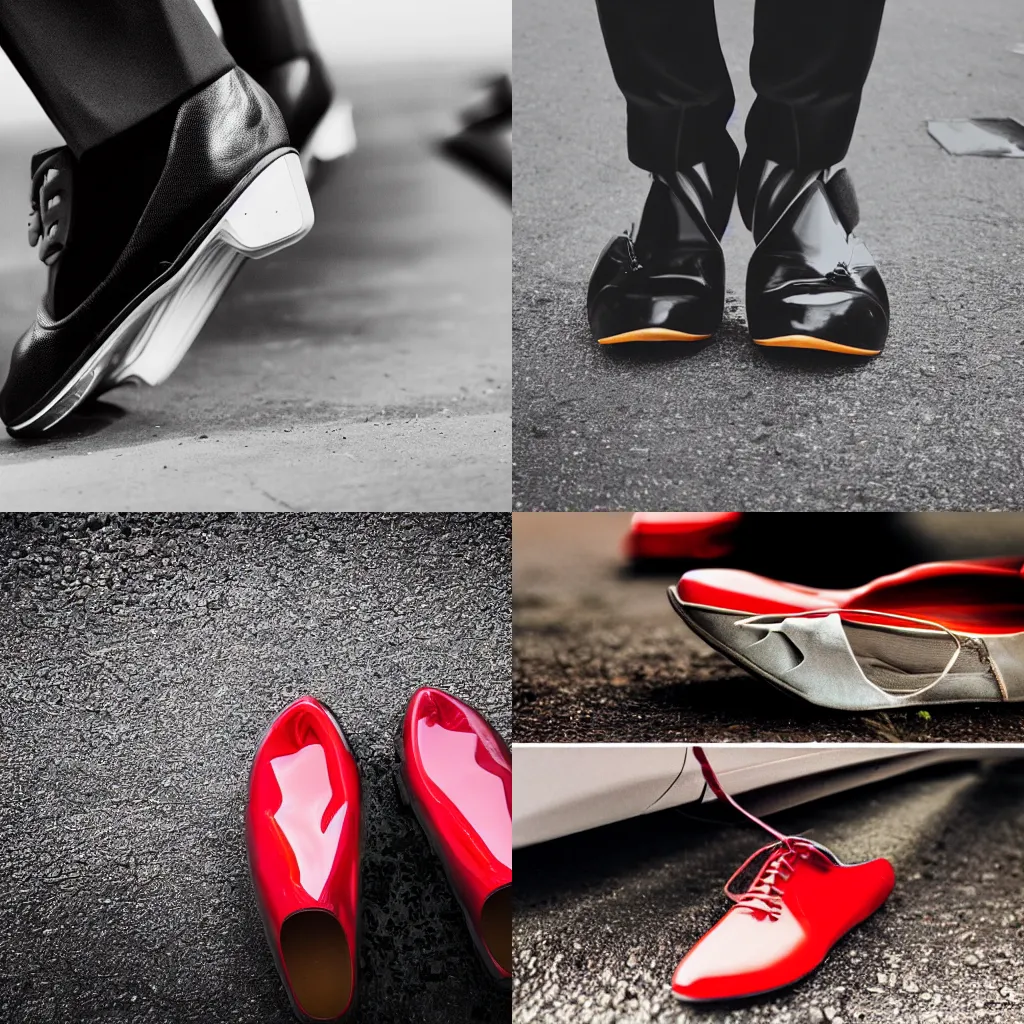 Prompt: Shoes in the shape of a car advertisement photography