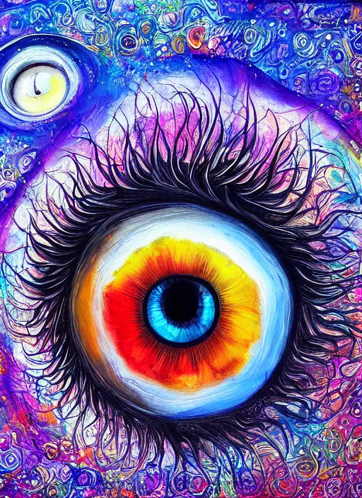 Prompt: a beautiful painting of a single all-knowing eye in a cloudy sky, visionary art, beautiful colors