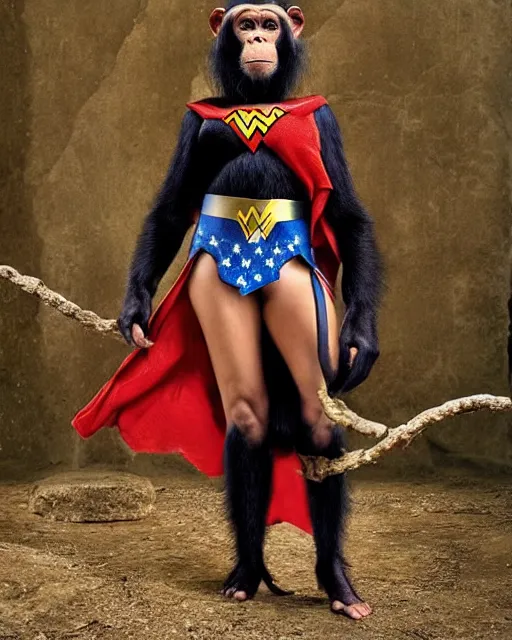 Image similar to A chimpanzee wearing a Wonder Woman outfit, photographed in the style of National Geographic, hyperreal