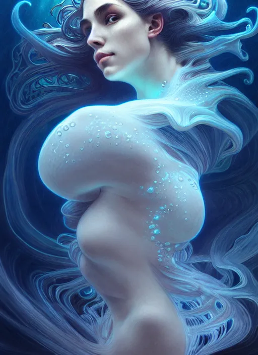 Image similar to an underwater photographic side portrait of an anthropomorphic bioluminescent liquid wave, dramatic murky volumetric lighting, fantasy, intricate, elegant, highly detailed, digital painting, artstation, concept art, smooth, sharp focus, illustration, art by artgerm and h r giger and alphonse mucha